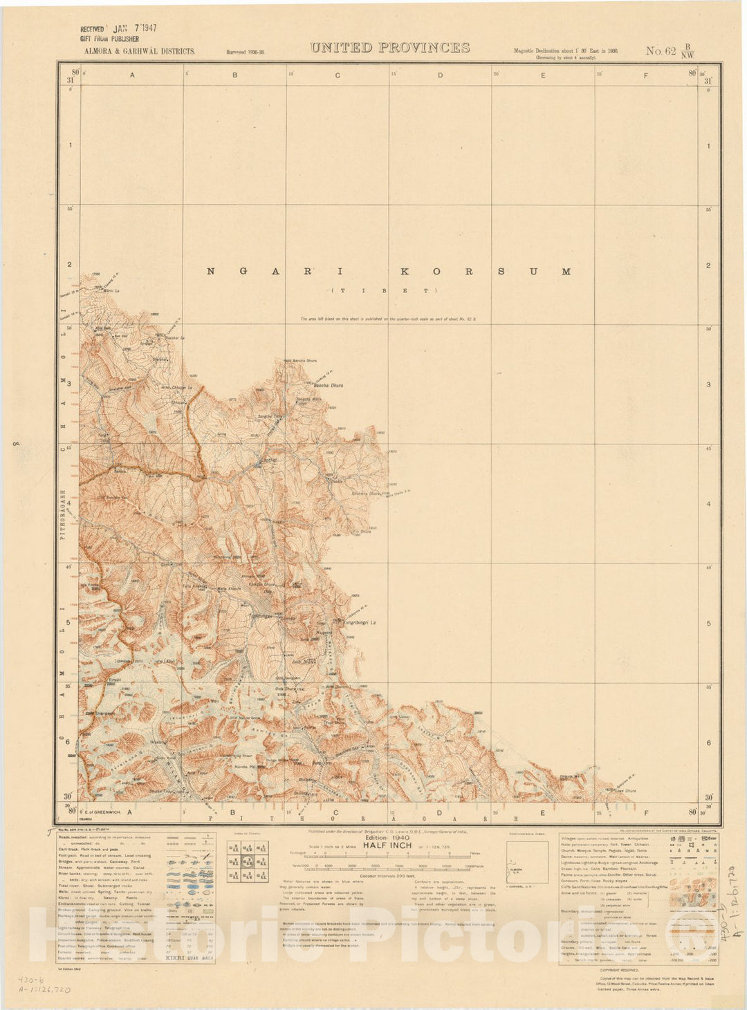 Map : Almora & Garhwal Districts, United Provinces, No. 62 B/N.W. 1940, India and adjacent countries, Antique Vintage Reproduction