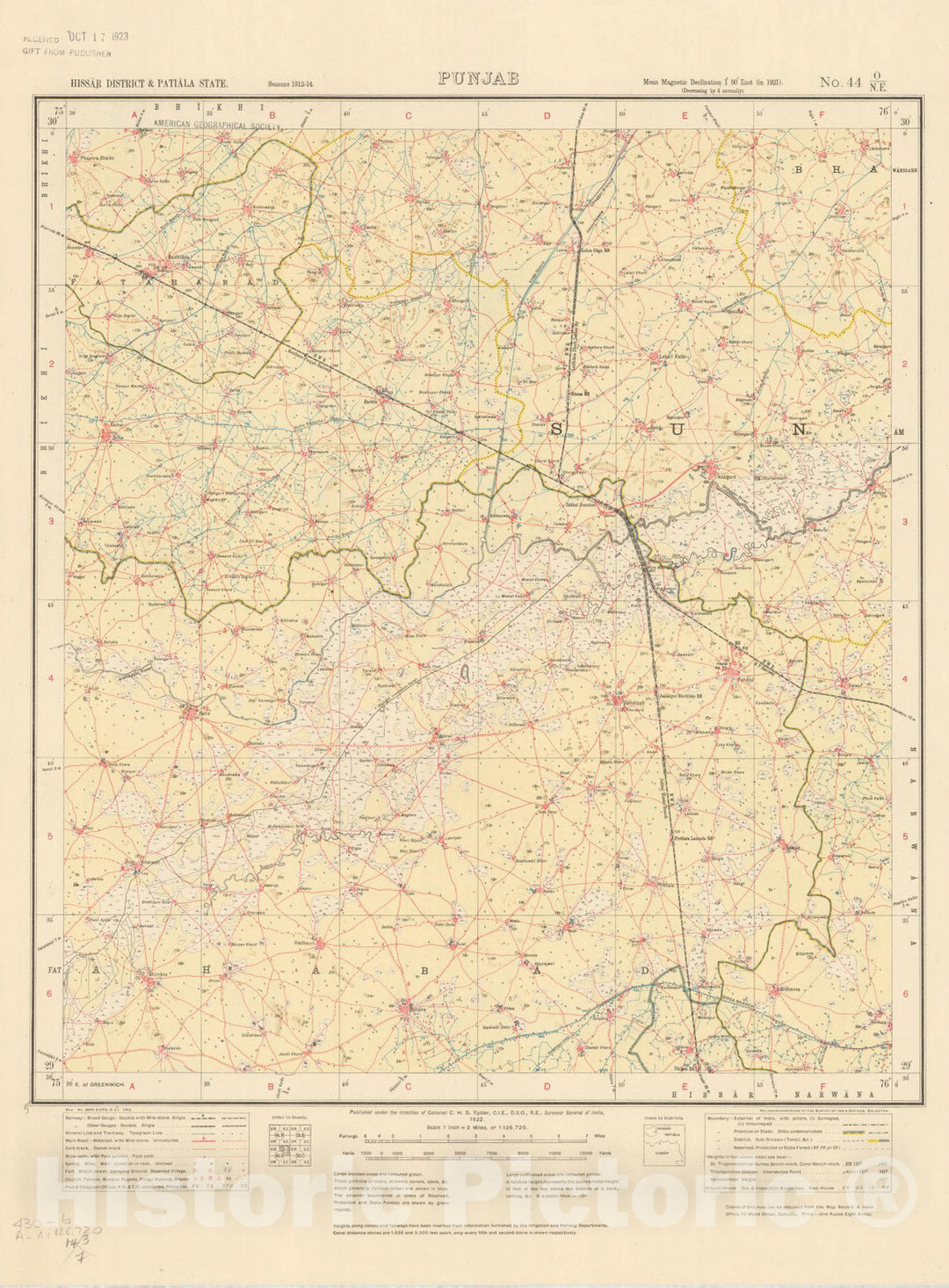 Map : Hissar District & Patiala State, Punjab, No. 44 O/N.E. 1922, India and adjacent countries, Antique Vintage Reproduction