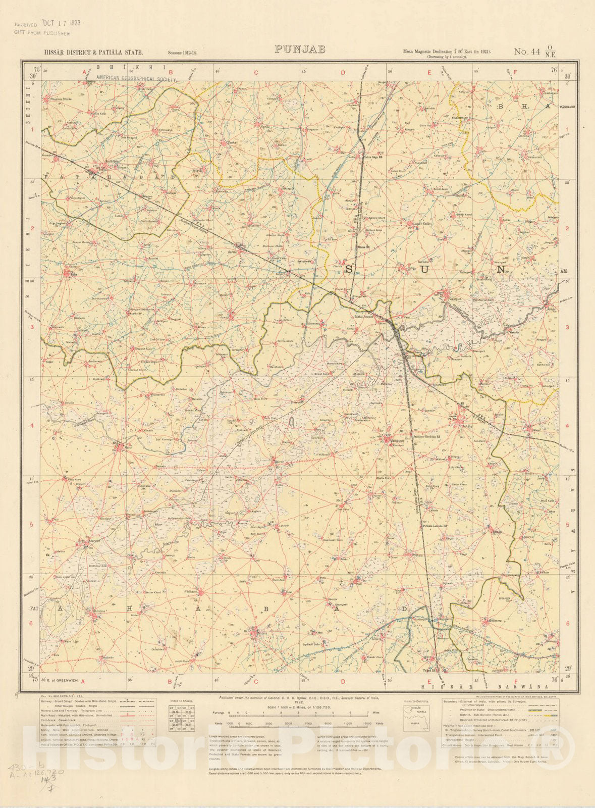 Map : Hissar District & Patiala State, Punjab, No. 44 O/N.E. 1922, India and adjacent countries, Antique Vintage Reproduction