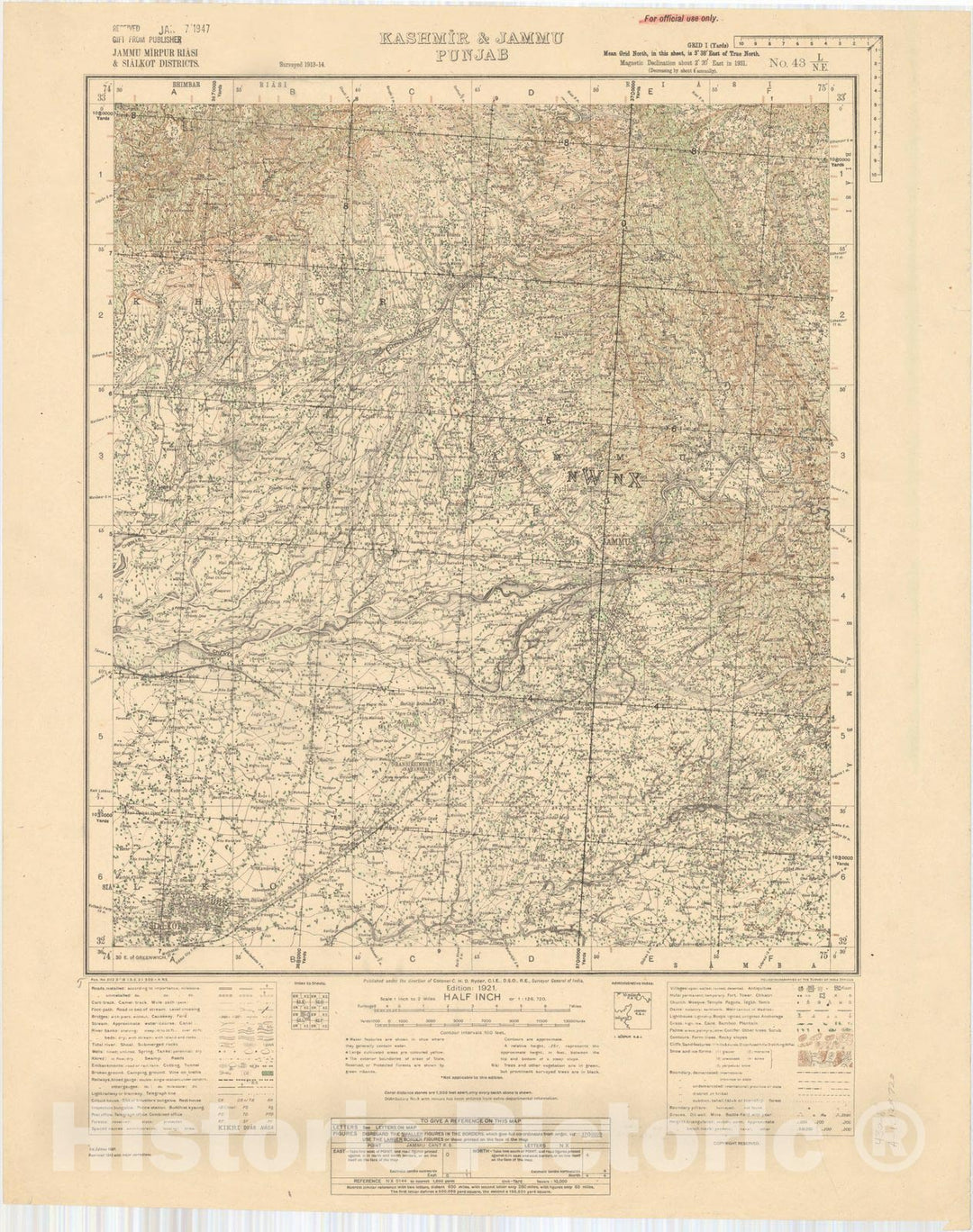 Map : Jammu Mirpur Riasi & sialkot Districts, Kashmir & Jammu, Punjab No. 43 L/N.E. 1943, India and adjacent countries, Antique Vintage Reproduction