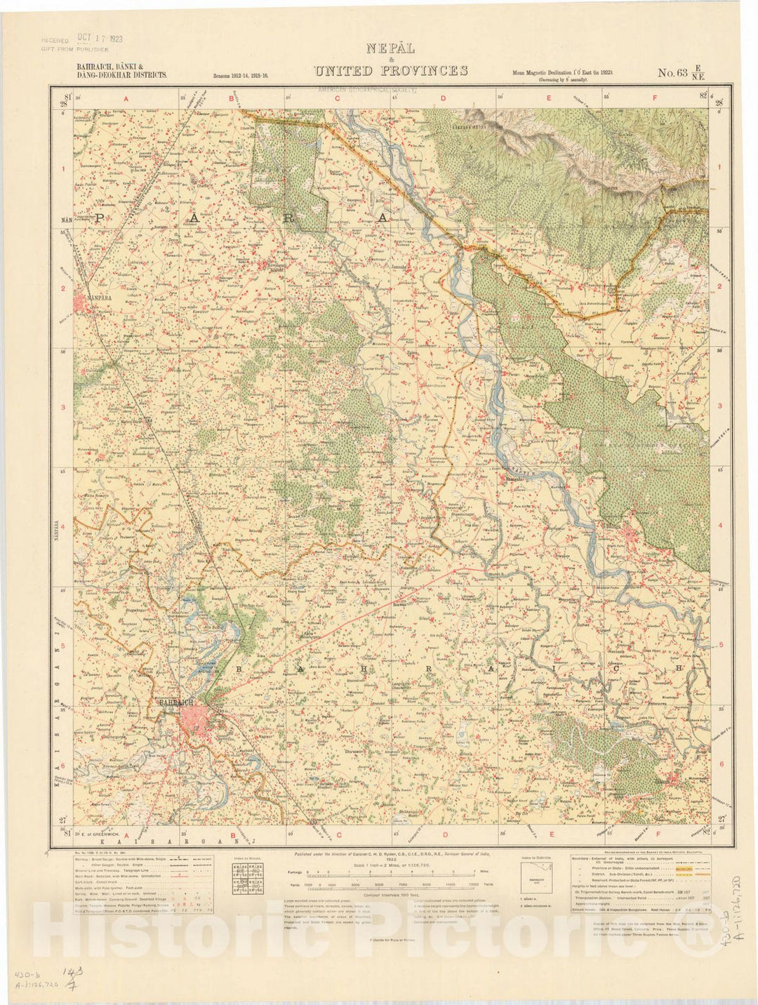 Map : Bahraich, Banki & Dang-Deokhar Districts, Nepal & United Provinces, No. 63 E/N.E. 1922, India and adjacent countries, Antique Vintage Reproduction