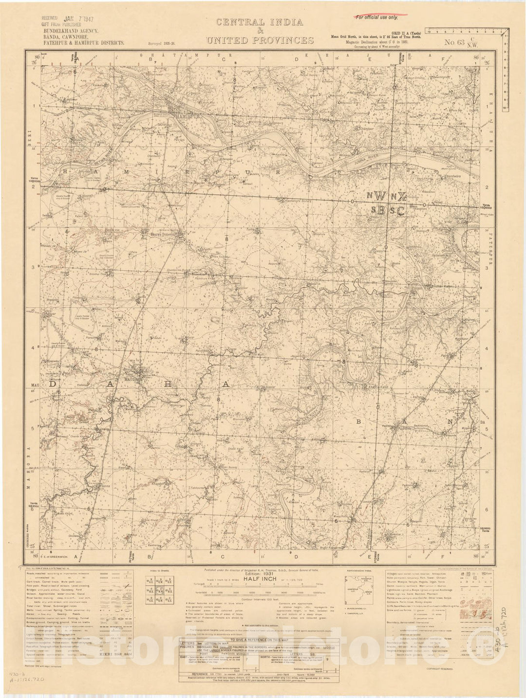 Map : Bundelkhand Agency, Banda, Cawnpore, Fatehpur & Hamirpur Districts, Central India & United Provinces, No. 63 C/N.W. 1943, India and adjacent countries