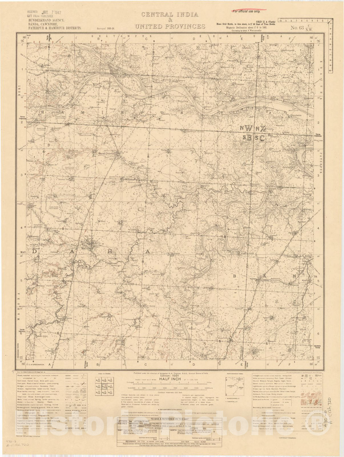 Map : Bundelkhand Agency, Banda, Cawnpore, Fatehpur & Hamirpur Districts, Central India & United Provinces, No. 63 C/N.W. 1943, India and adjacent countries