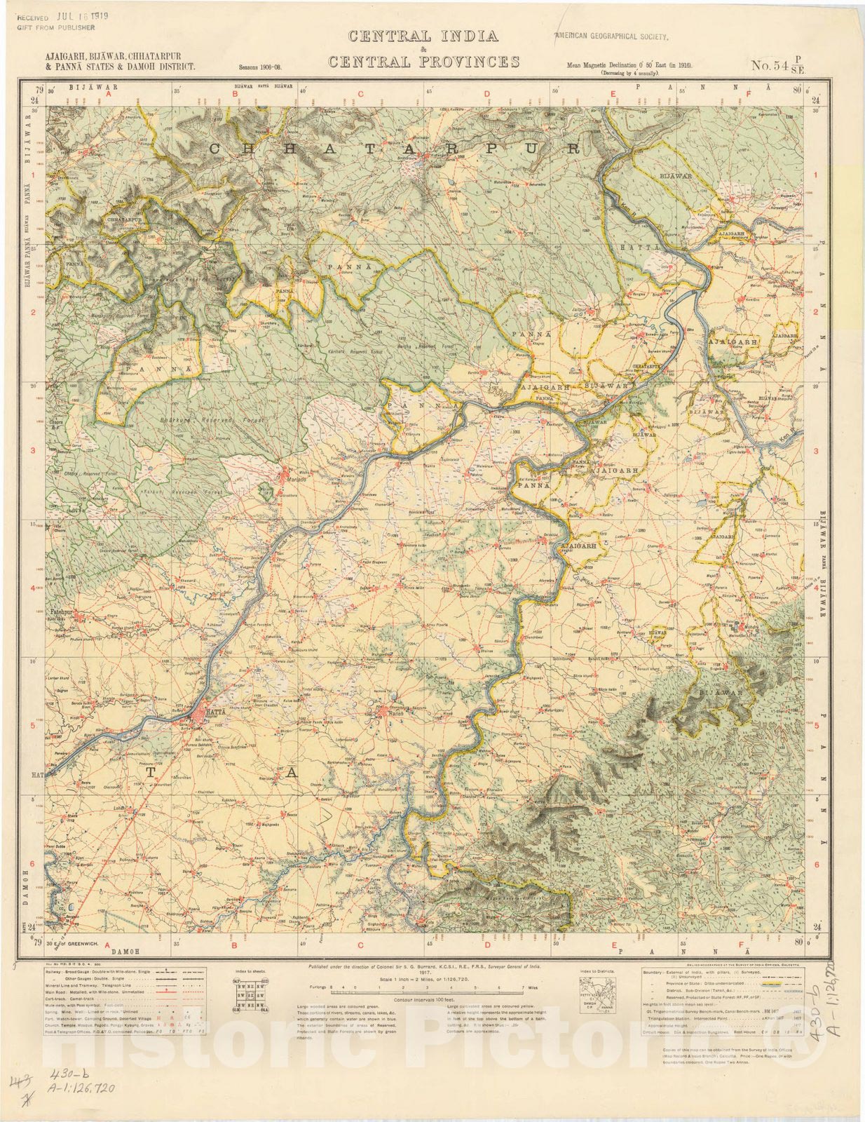 Map : Ajaigarh, Bijawar, Chhatarpur & Panna States & Damoh District, Central Idia & Central Provinces, No. 54 P/S.E. 1917, India and adjacent countries