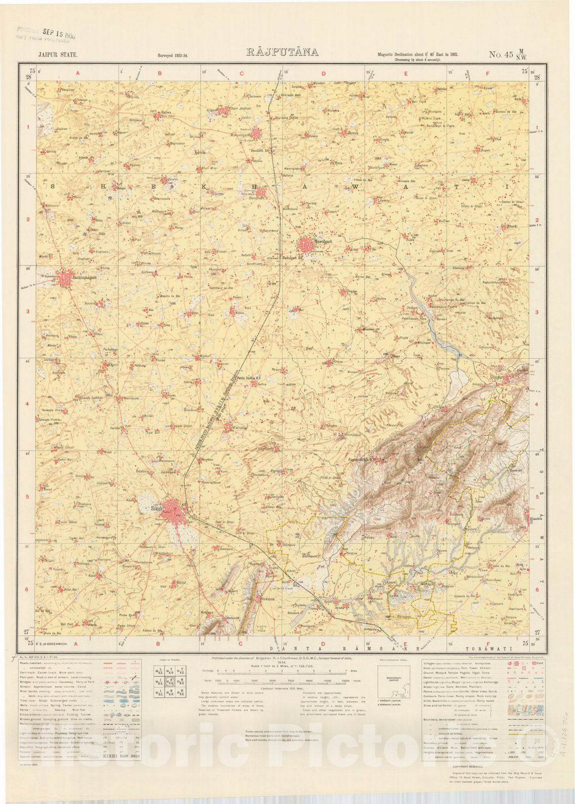 Map : Jaipur State, Rajputana, No. 45 M/N.W. 1934, India and adjacent countries, Antique Vintage Reproduction