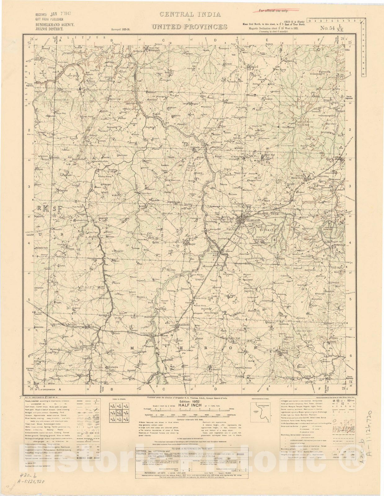 Map : Bundelkhand Agency, Jhansi District, Central India & United Provinces, No. 54 L/N.e. 1943, India and adjacent countries, Antique Vintage Reproduction