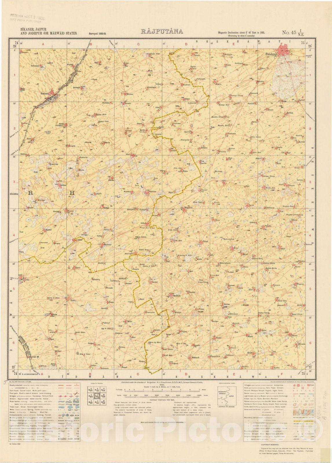 Map : Bikaner, Jaipur and Jodhpur (or Marwar) States, Rajputana, No. 45 I/N.E. 1933, India and adjacent countries, Antique Vintage Reproduction