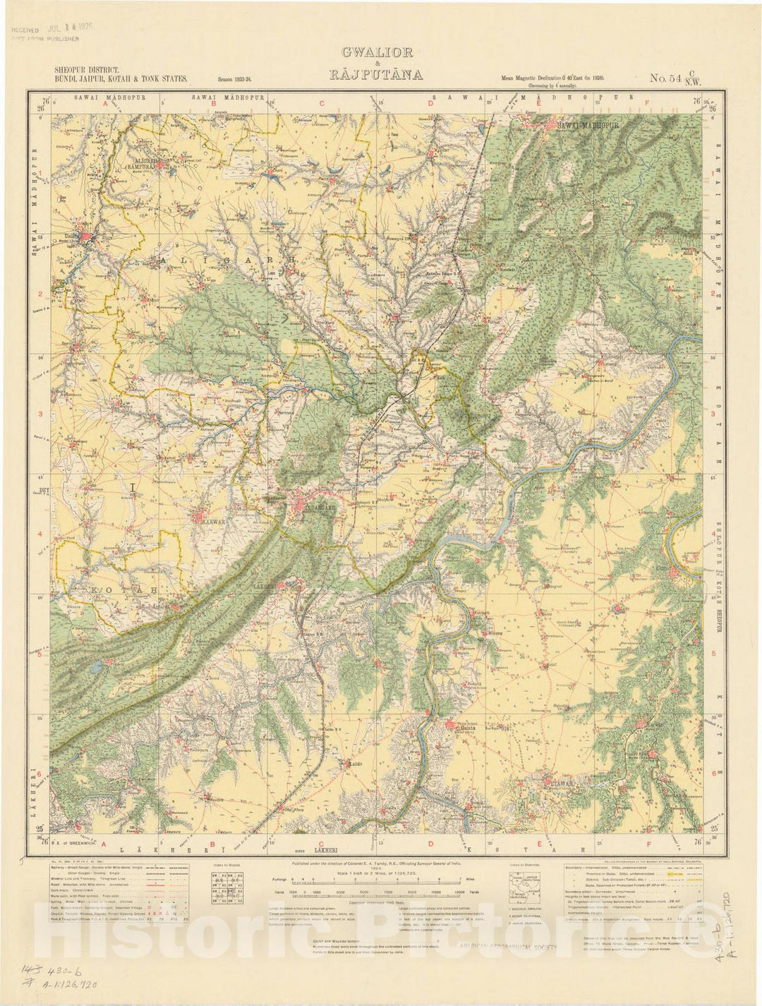 Map : Sheopur District, Bundi, Jaipur, Kotah & Tonk STates, Gwalior & Rajputana, No. 54 C/N.W. 1924, India and adjacent countries, Antique Vintage Reproduction