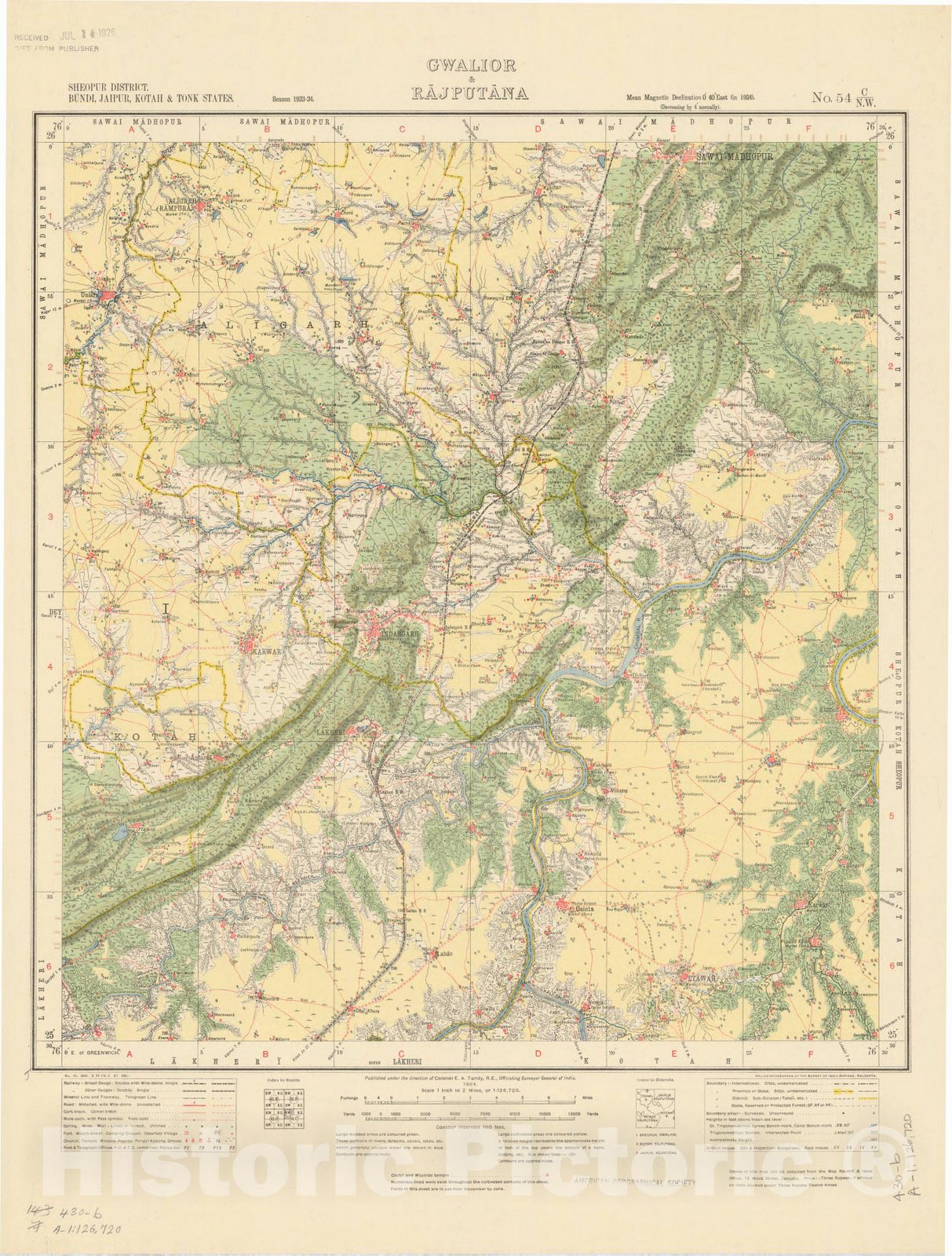 Map : Sheopur District, Bundi, Jaipur, Kotah & Tonk STates, Gwalior & Rajputana, No. 54 C/N.W. 1924, India and adjacent countries, Antique Vintage Reproduction