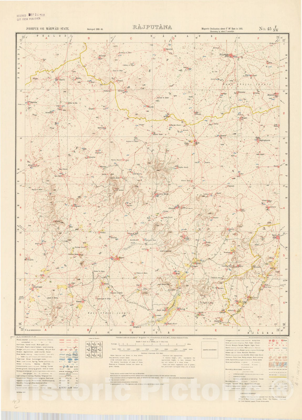 Map : Jodhpur (or Marwar) Rajputana No. 45 F/N.W. 1937, India and adjacent countries, Antique Vintage Reproduction