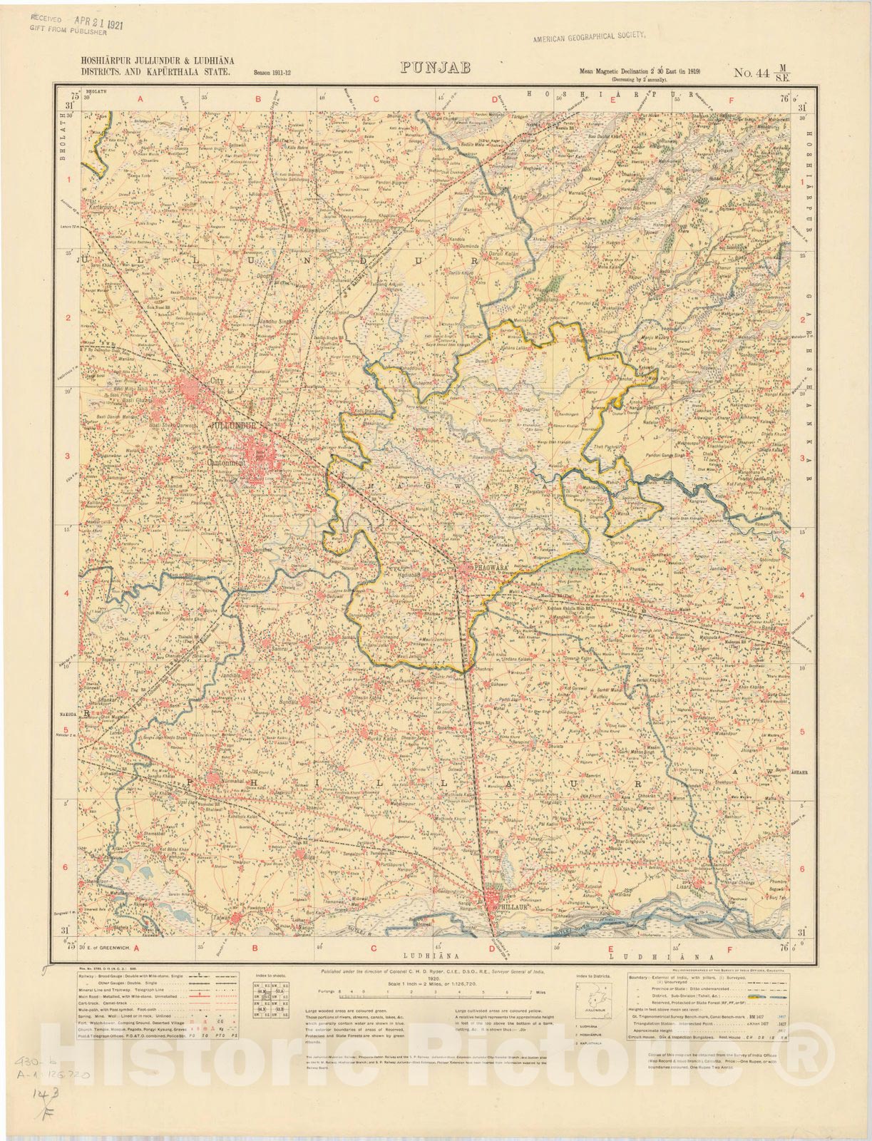 Map : Hoshiarpur Jullundur & Ludhiana Districts and Kapurthala State, Punjab, No. 44 M/S.E. 1920, India and adjacent countries, Antique Vintage Reproduction