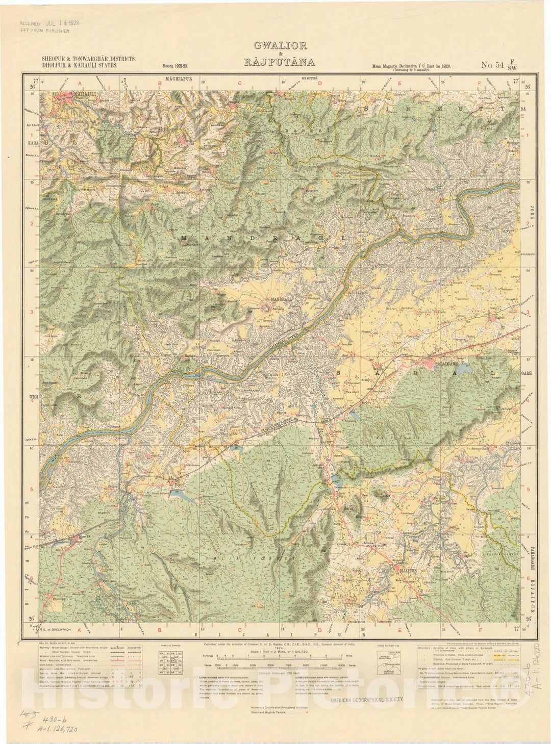 Map : Sheopur & Tonwarghar Districts, Dholpur & Karauli States, Gwalior & Rajputana, No. 54 F/S.W. 1924, India and adjacent countries, Antique Vintage Reproduction