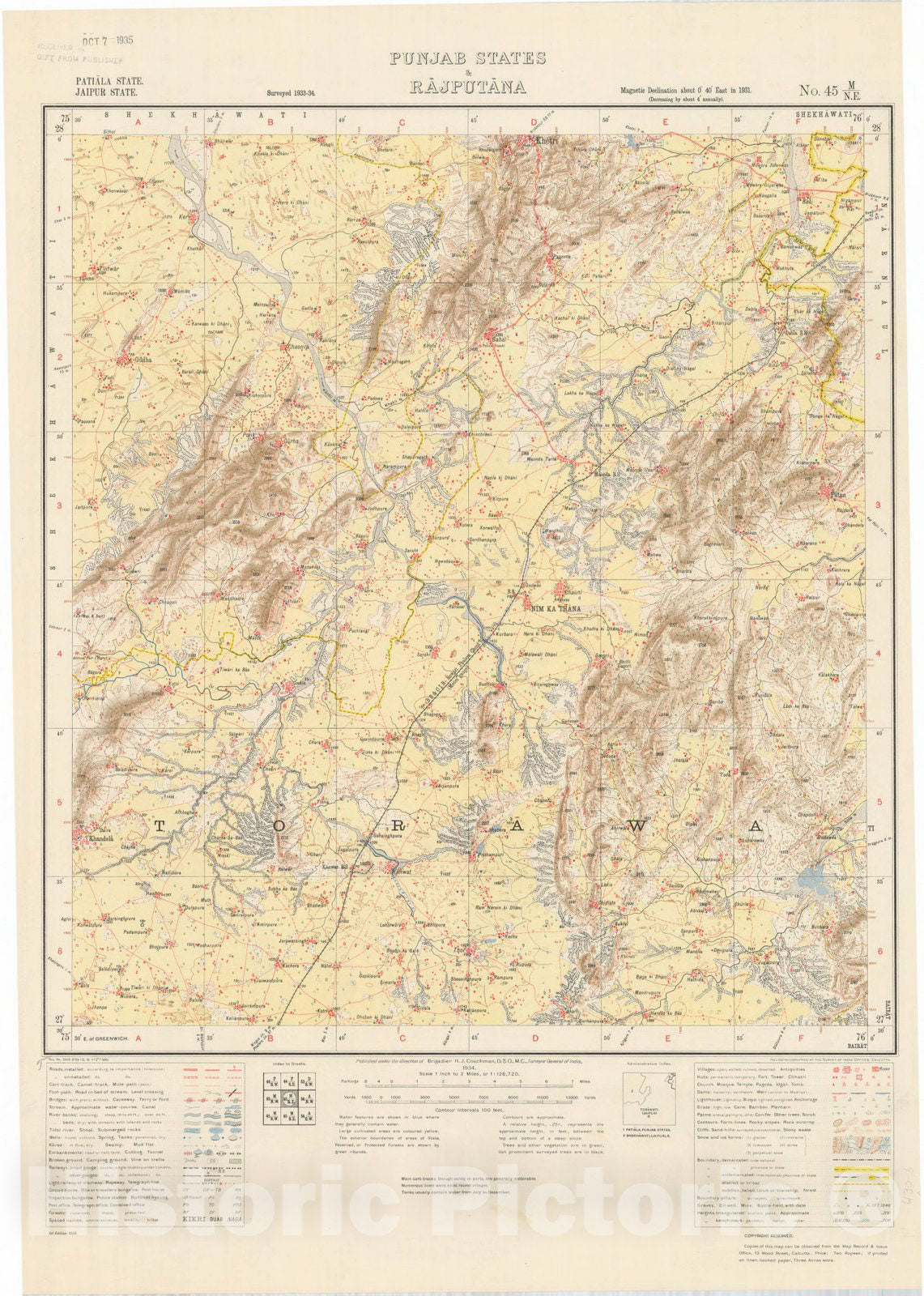 Map : Patiala State, Jaipur State, Punjab States & Rajputana, No. 45 M/N.E. 1934, India and adjacent countries, Antique Vintage Reproduction