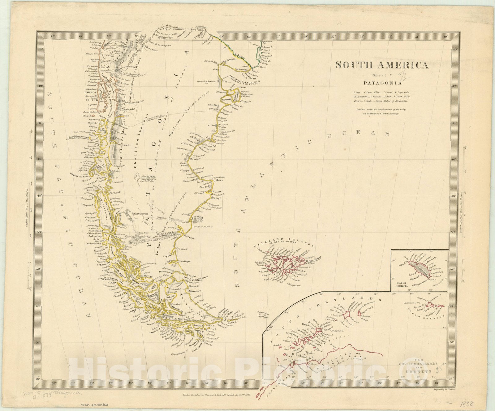 Map : Patagonia 1838, South America. Sheet V, Patagonia , Antique Vintage Reproduction