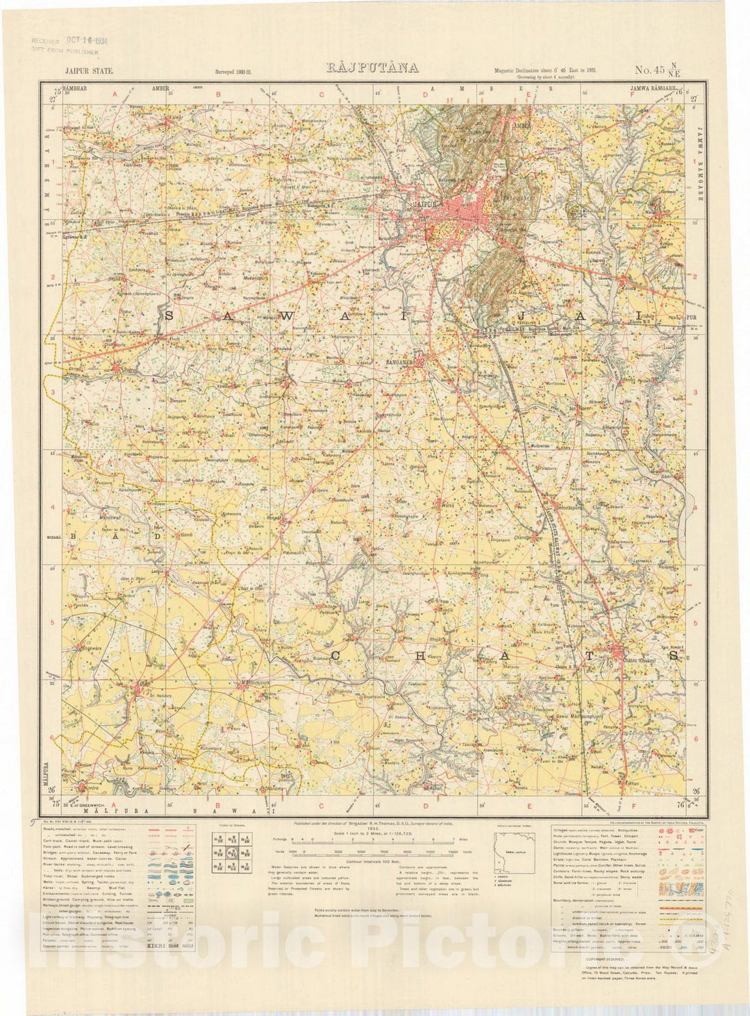 Map : Jaipur State, Rajputana, No. 45 N/N.E. 1933, India and adjacent countries, Antique Vintage Reproduction