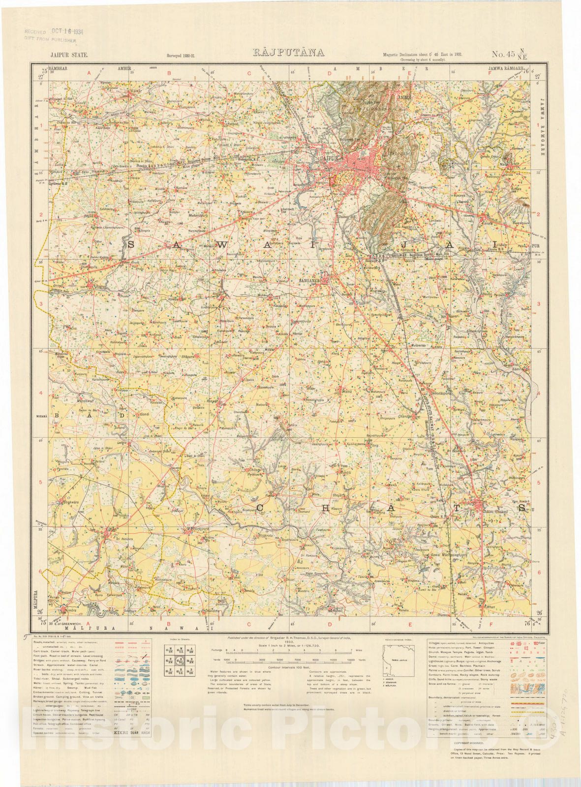 Map : Jaipur State, Rajputana, No. 45 N/N.E. 1933, India and adjacent countries, Antique Vintage Reproduction