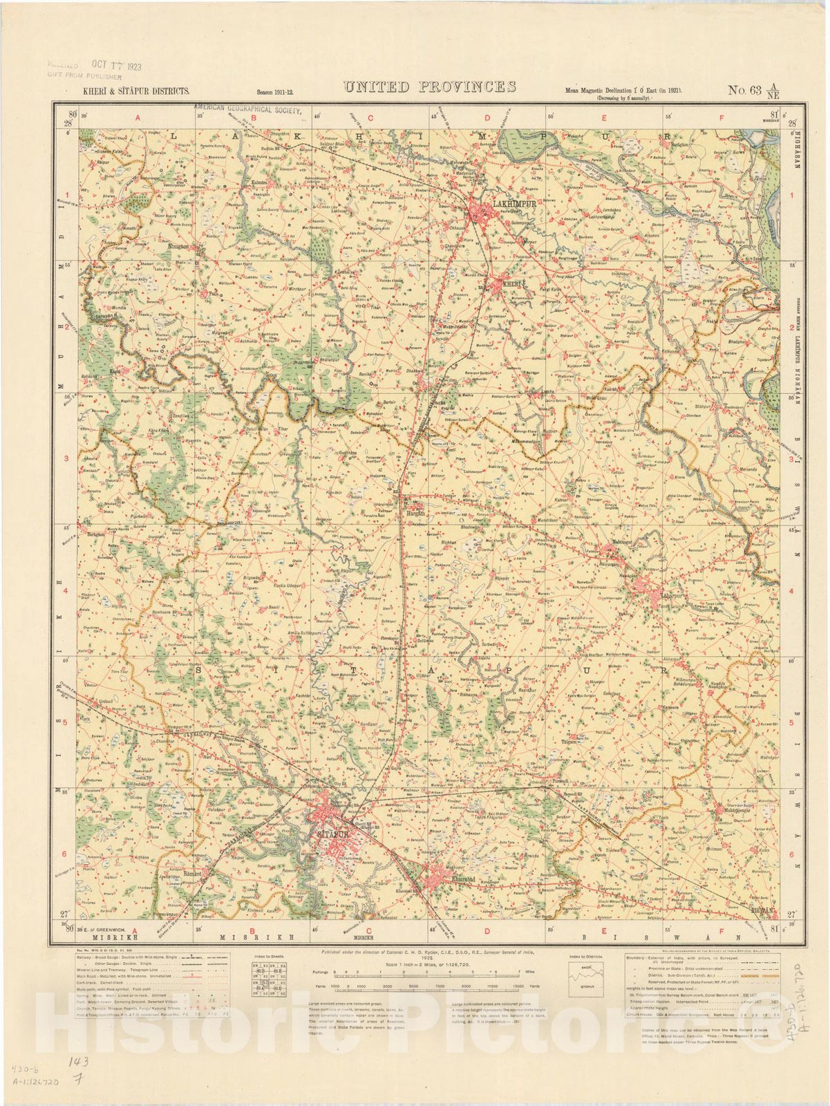 Map : Kheri & Sitapur Districts, United Provinces, No. 63 A/N.E. 1922, India and adjacent countries, Antique Vintage Reproduction