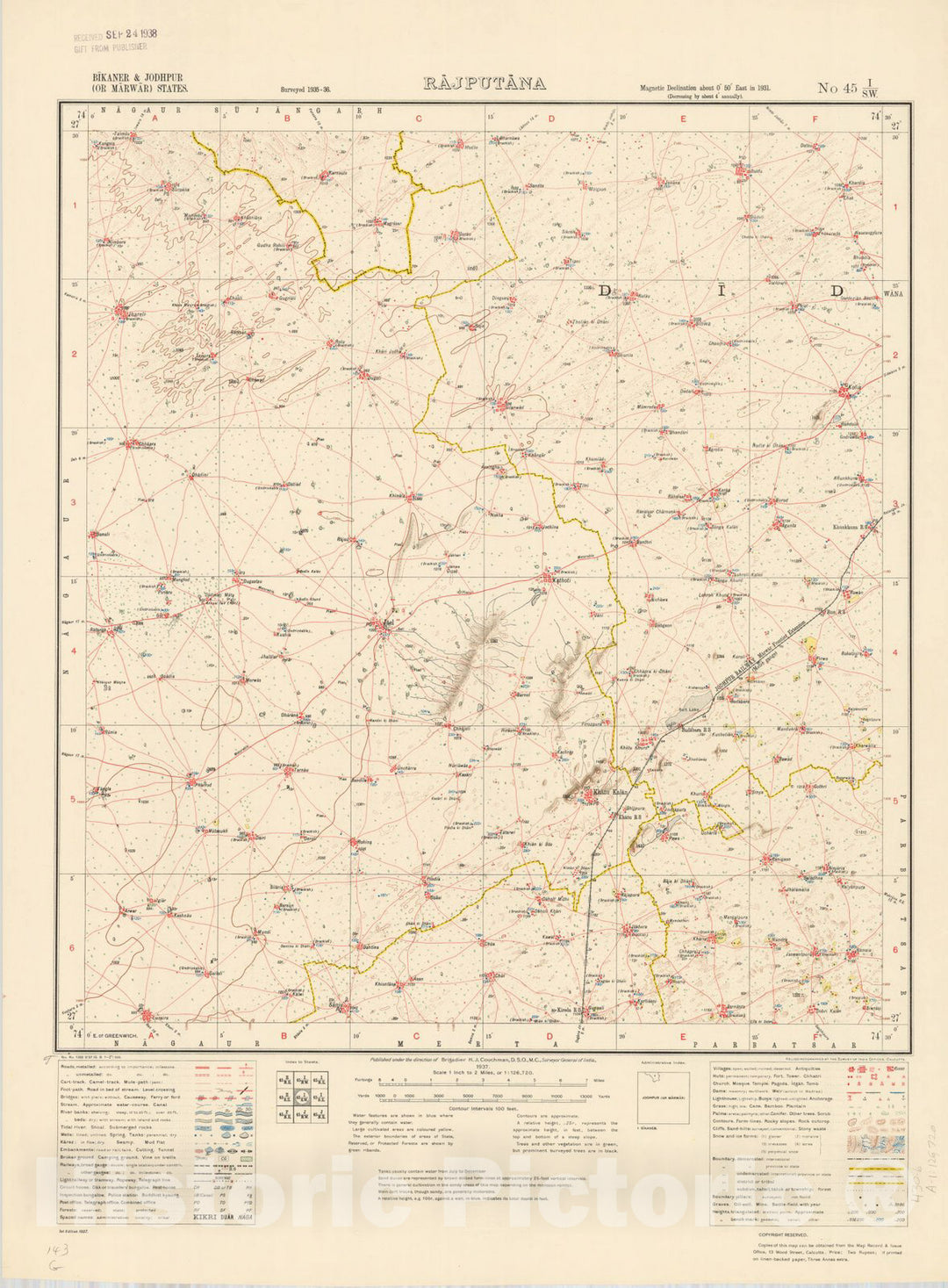 Map : Bikaner & Jodhpur (or Marwar) States, Rajputana, No. 45 I/S.W. 1937, India and adjacent countries, Antique Vintage Reproduction