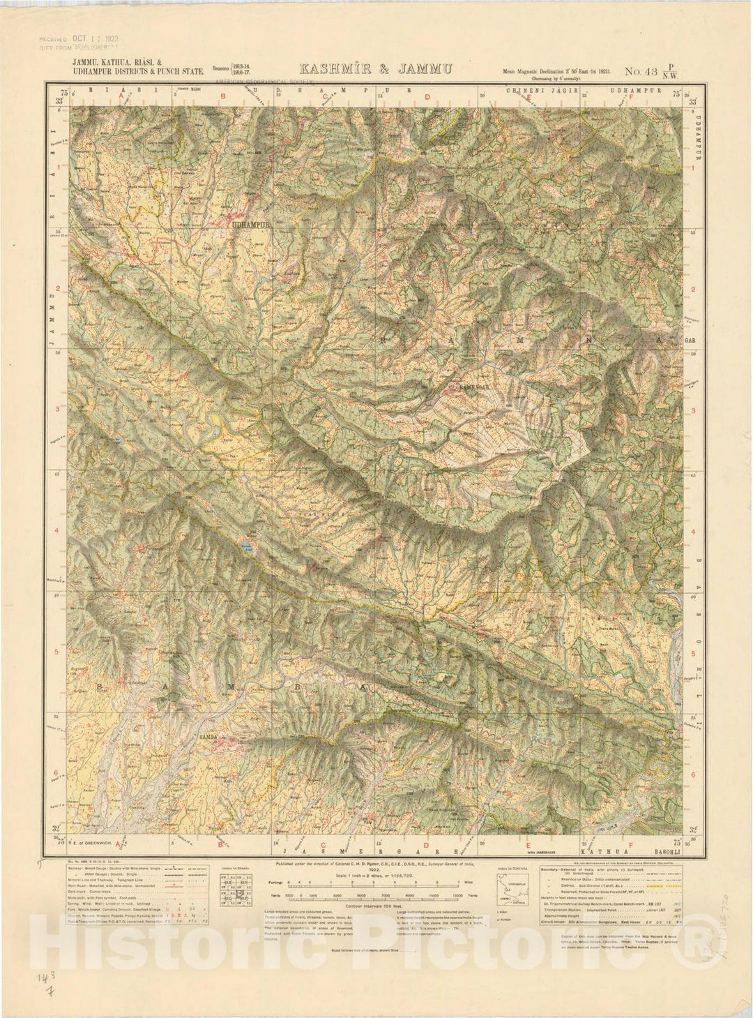 Map : Jammu, Kathua, Riasi & Udhampur Districts & Punch State, Kashmir & Jammu, No. 43 P/N.W. 1922, India 1:126,720, Antique Vintage Reproduction