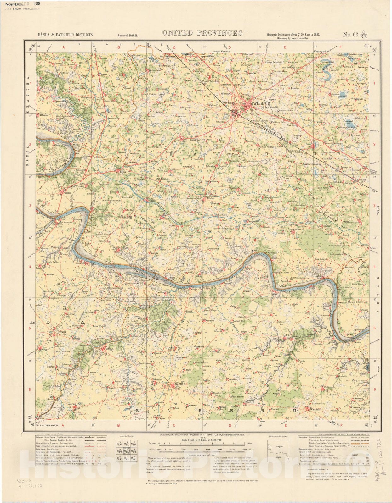 Map : Banda & Fatehpur Districts, United Provinces, No. 63 C/N.E. 1932, India and adjacent countries, Antique Vintage Reproduction