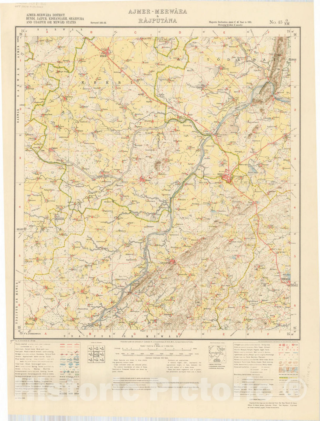 Historic Map : Ajmer-Merwara District, Bundi, Jaipur, Kishangarh, Shahpura and Udaipur (or Mewar) States, Ajmer-Merwara & Rajputana, No. 45 O/N.W. 1933, India and adjacent countries