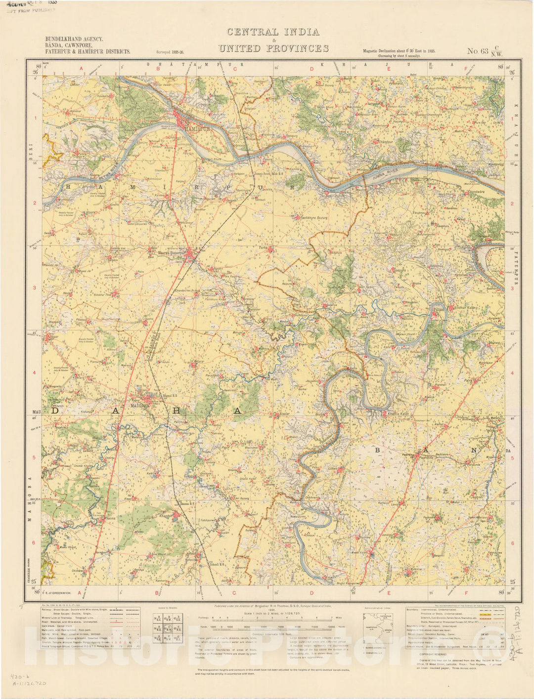 Map : Bundelkhand Agency, Banda, Cawnpore, Fatehpur & Hamirpur Districts, Central India & United Provinces, No. 63 C/N.W. 1931, India and adjacent countries