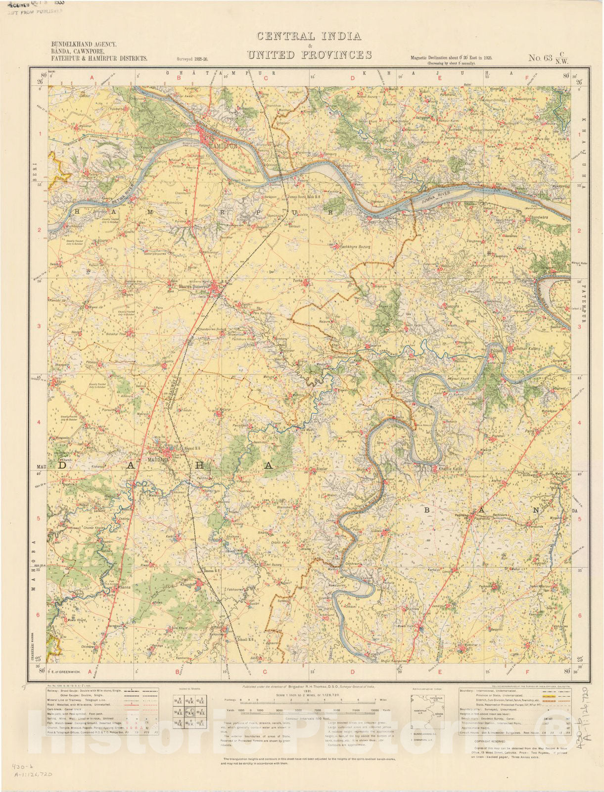 Map : Bundelkhand Agency, Banda, Cawnpore, Fatehpur & Hamirpur Districts, Central India & United Provinces, No. 63 C/N.W. 1931, India and adjacent countries