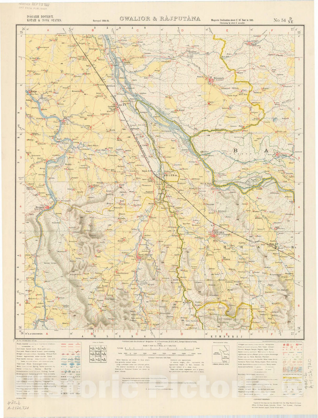 Map : Isagarh District, Kotah & Tonk States, Gwalior & Rajputana, No. 54 D/N.E. 1936, India and adjacent countries, Antique Vintage Reproduction