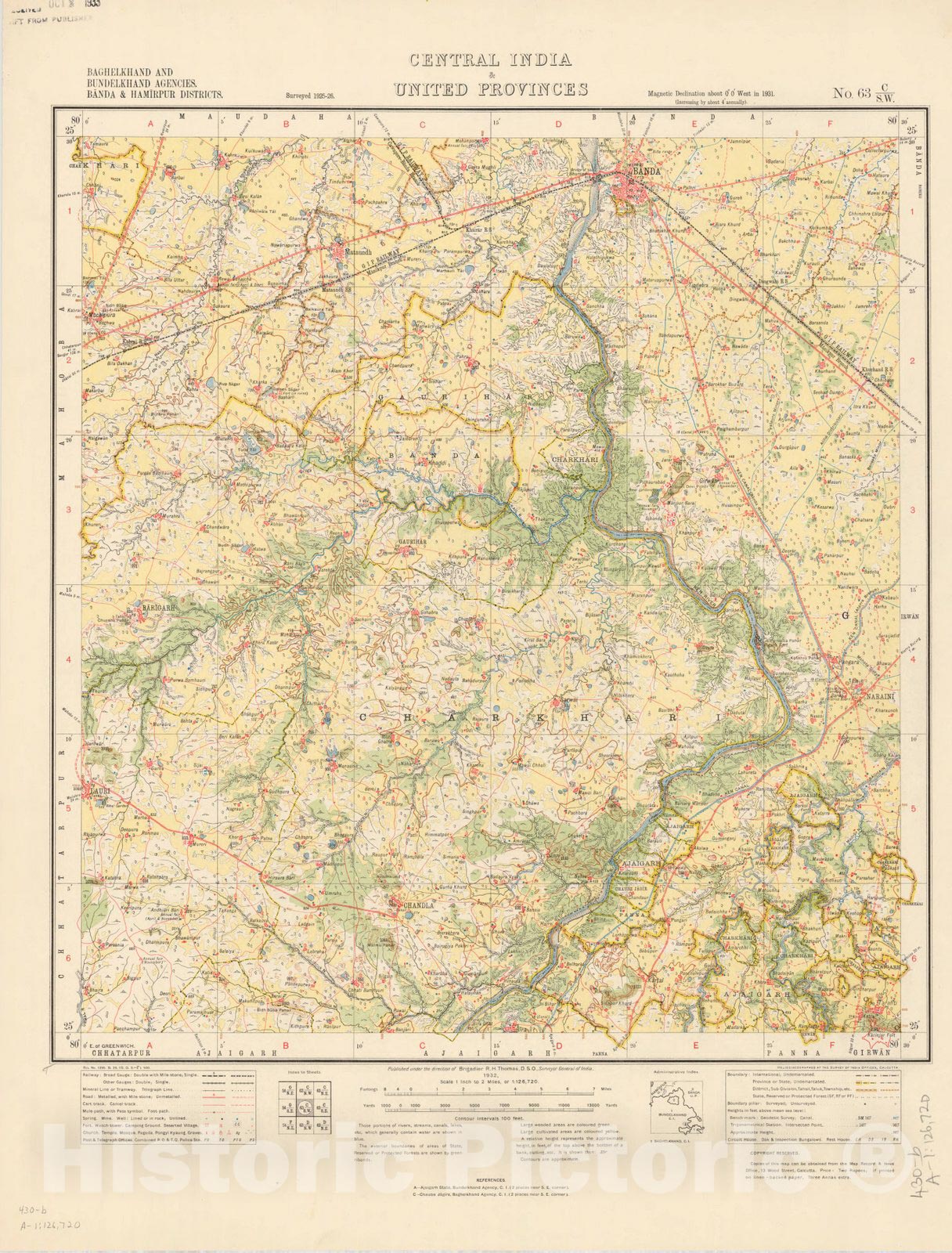 Map : Baghelkhand and Bundelkhand Agencies, Banda & Hamirpur Districts, Central India & United Provinces, No. 63 C/S.W. 1932, India and adjacent countries