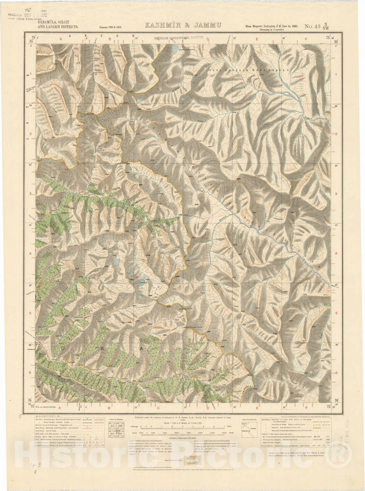 Map : Baramula, Gilgit and Ladakh Districts, Kashmir & Jammu, No. 43 N/N.W. 1921, India 1:126,720, Antique Vintage Reproduction