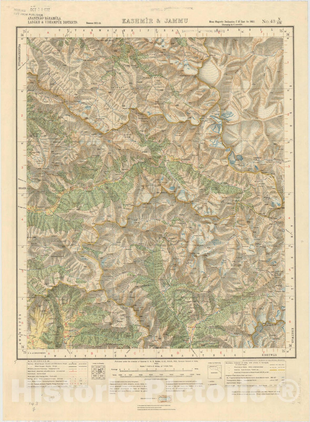 Map : Anantnag, Baramula, Ladakh & Udhampur Districts, Kashmir & Jammu, No. 43 N/S.W. 1922, India 1:126,720, Antique Vintage Reproduction