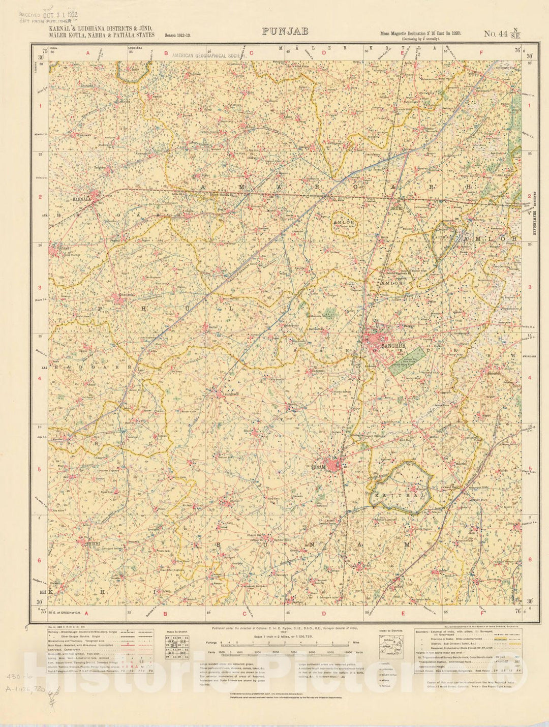 Map : Karnal & Ludhiana Districts & Jind, Maler Kotla, Nabha & Patiala States, Punjab No. 44 N/S.E. 1921, India and adjacent countries, Antique Vintage Reproduction