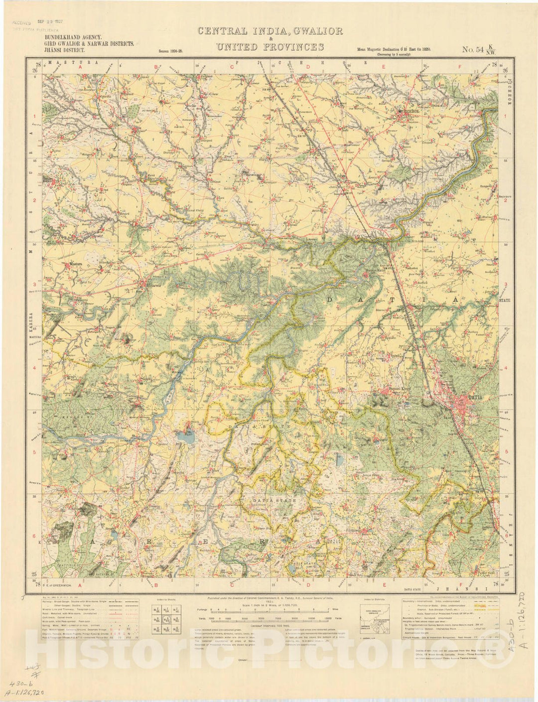 Map : Bundelkhand Agency, Gird Gwalior & Narwar Districts, Jhansi District, Central India, Gwalior & United Provinces, No. 54 K/N.W. 1925, India and adjacent countries