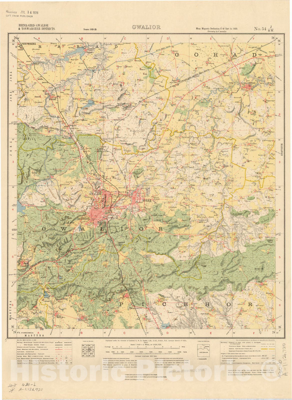 Map : Bhind, Gird Gwalior & Tonwarghar Districts, Gwalior, No. 54 J/S.W. 1924, India and adjacent countries, Antique Vintage Reproduction