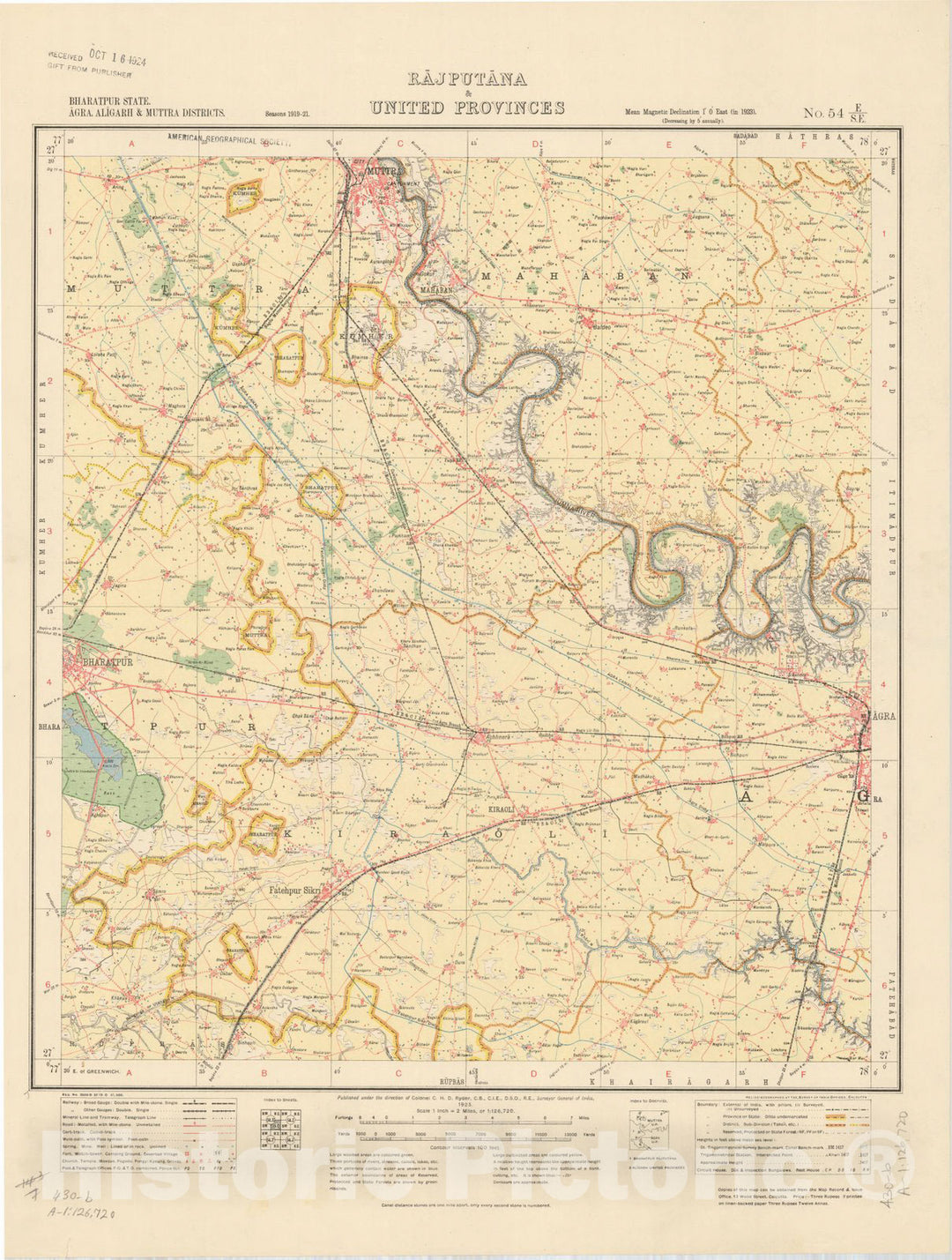 Map : Bharatpur State, Agra, Aligarh & Muttra Districts, Rajputana & United Provinces, No. 54 E/S.E. 1923, India and adjacent countries, Antique Vintage Reproduction