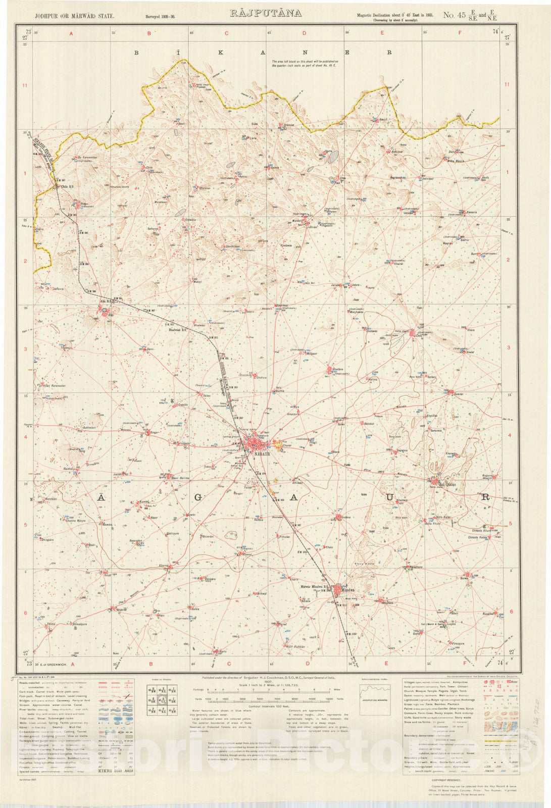 Map : Jodhpur (or Marwar) State, Rajputana, No. 45 E/S.E. and E/N.E. 1937, India and adjacent countries, Antique Vintage Reproduction