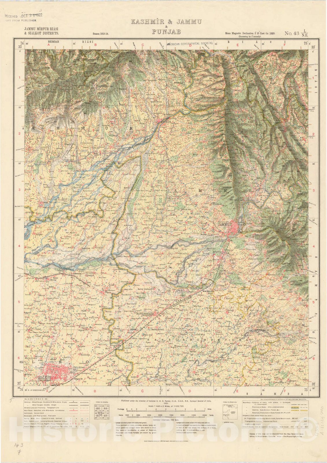 Map : Jammu Mirpur Riasi & Sialkot Districts, Kashmir & Jammu & Punjab No. 43 L/N.E. 1921, India and adjacent countries, Antique Vintage Reproduction