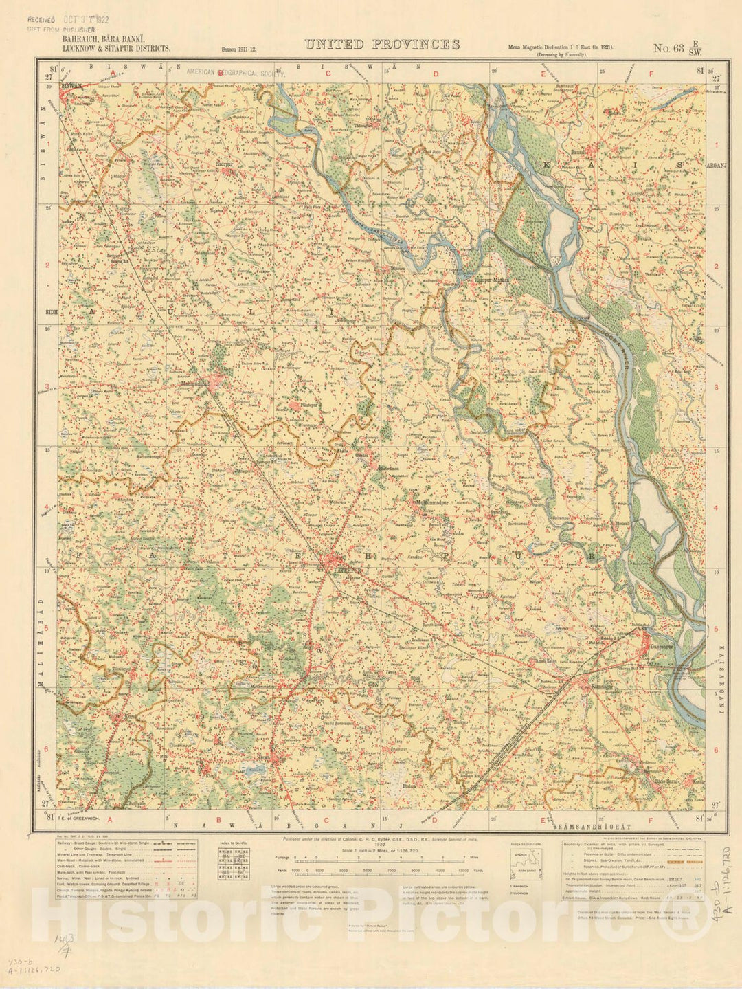 Map : Bahraich, Bara Banki, Lucknow & Sitapur Districts, United Provinces, No. 63 E/S.W. 1922, India and adjacent countries, Antique Vintage Reproduction