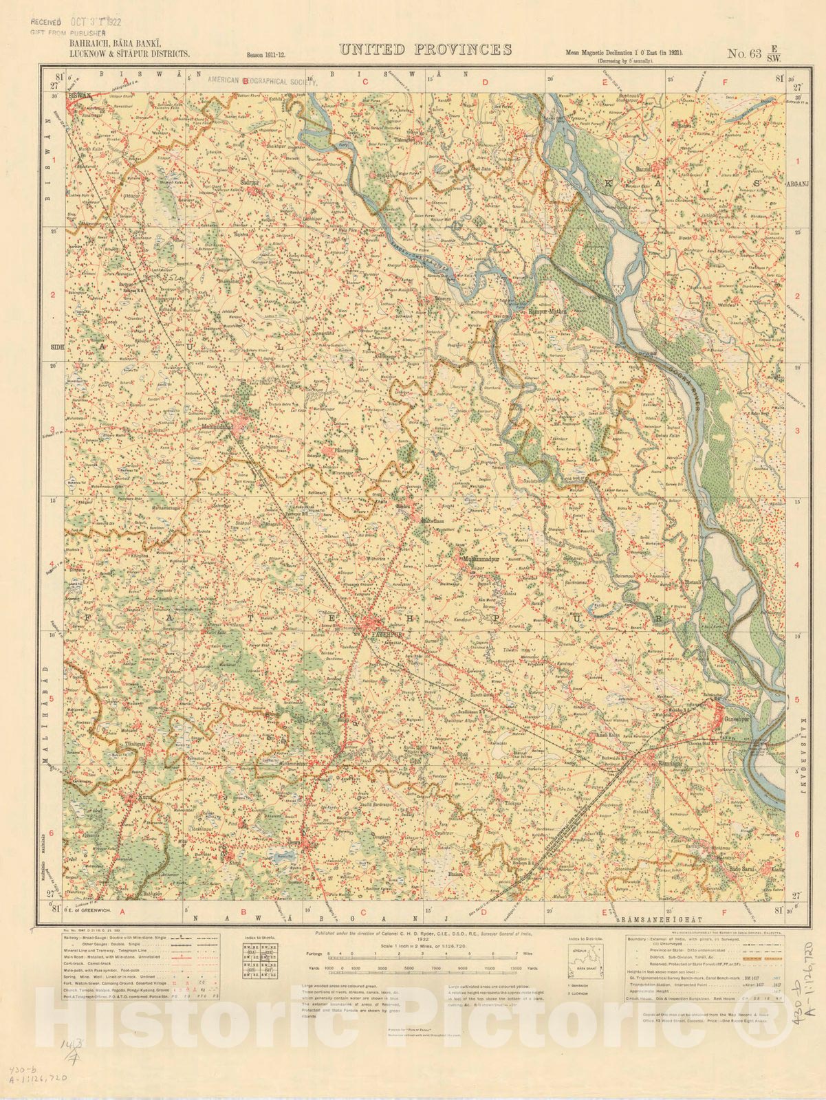 Map : Bahraich, Bara Banki, Lucknow & Sitapur Districts, United Provinces, No. 63 E/S.W. 1922, India and adjacent countries, Antique Vintage Reproduction