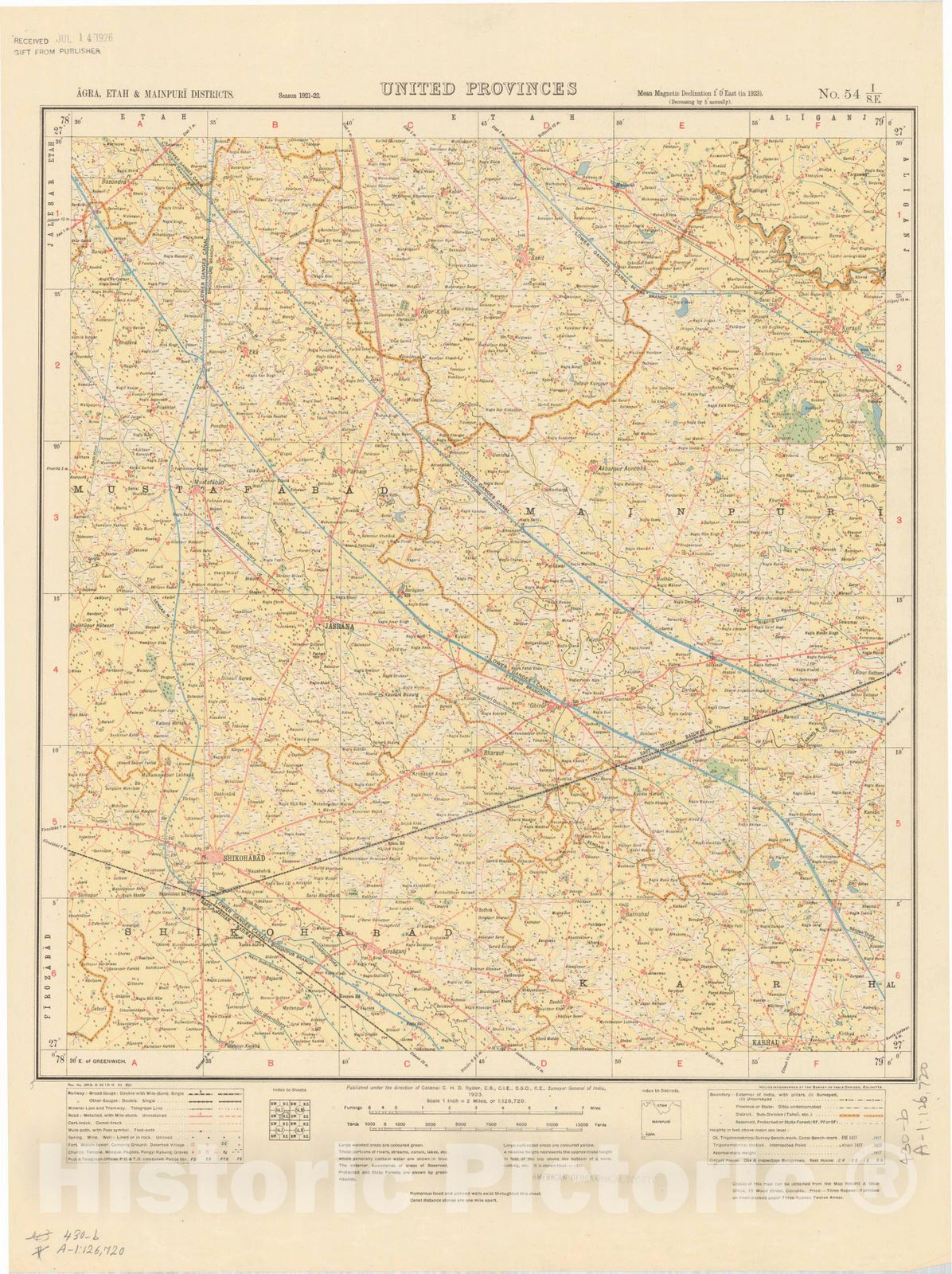 Map : Agra, Etah 7 Mainpuri Districts, United Provinces, No. 54 I/S.E. 1923, India and adjacent countries, Antique Vintage Reproduction