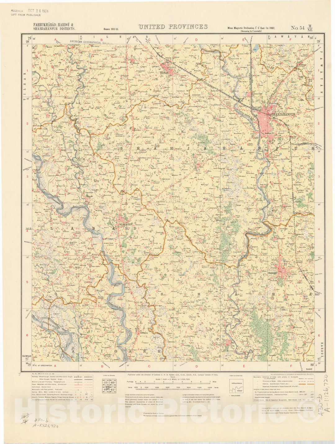 Map : Farrukhabad, Hardoi & Shahjahanpur Districts, United Provinces, No. 54 M/N.E. 1923, India and adjacent countries, Antique Vintage Reproduction