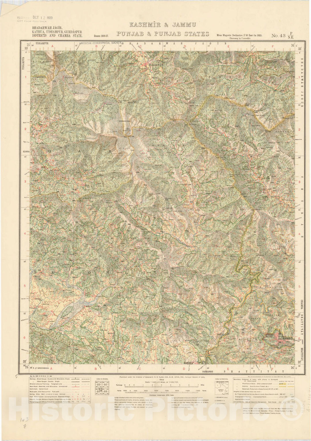 Map : Bhadarwah Jagir, Kathua, Udhampur, Gurdaspur Districts and Chamba State, Kashmir & Jammu, Punjab & Punjab States, No. 43 P/N.E. 1922, India 1:126,720