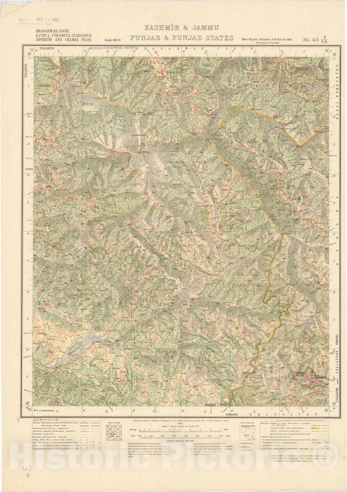 Map : Bhadarwah Jagir, Kathua, Udhampur, Gurdaspur Districts and Chamba State, Kashmir & Jammu, Punjab & Punjab States, No. 43 P/N.E. 1922, India 1:126,720