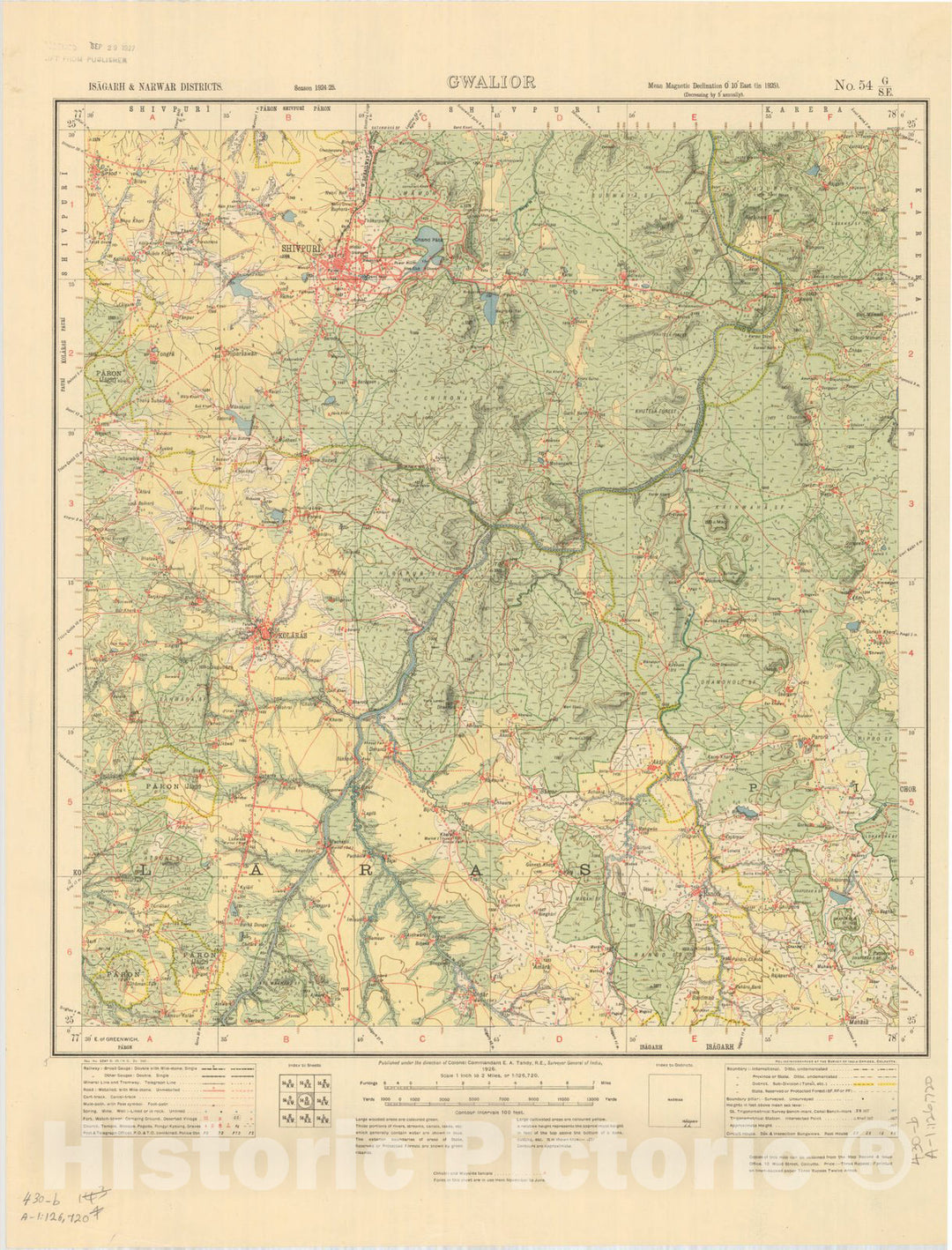 Map : Isagarh & Narwar Districts, Gwalior, No. 54 G/S.E. 1925, India and adjacent countries, Antique Vintage Reproduction