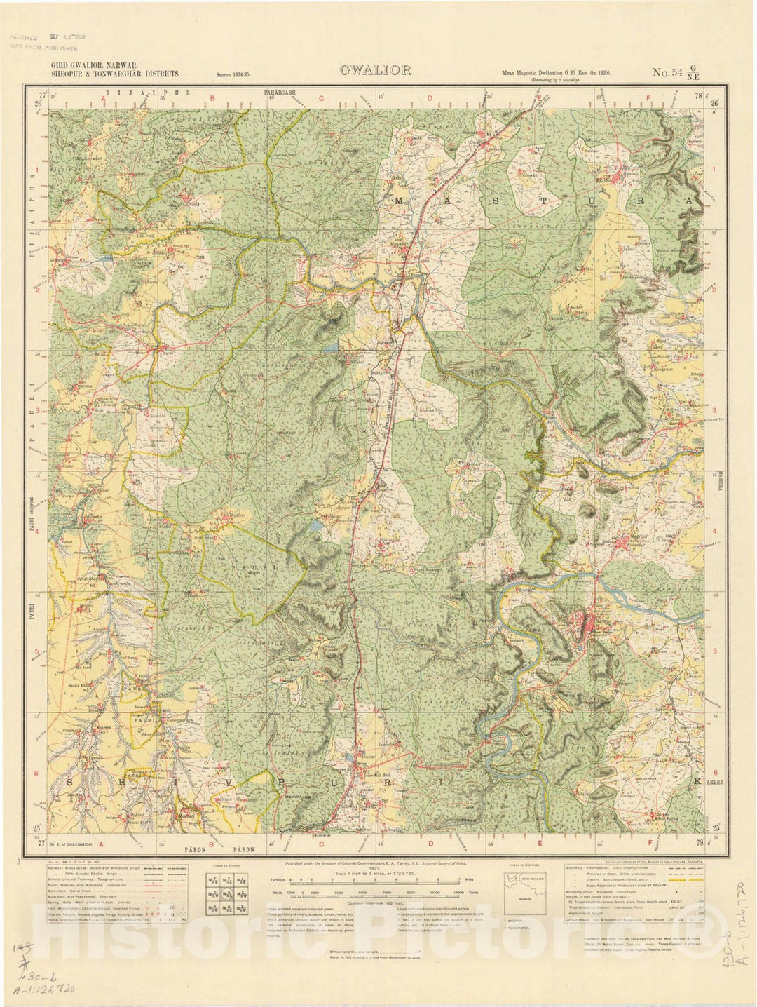 Map : Gird Swalior, Narwar, Sheopur & Tonwarghar Districts, Gwalior, No. 54 G/N.E. 1925, India and adjacent countries, Antique Vintage Reproduction