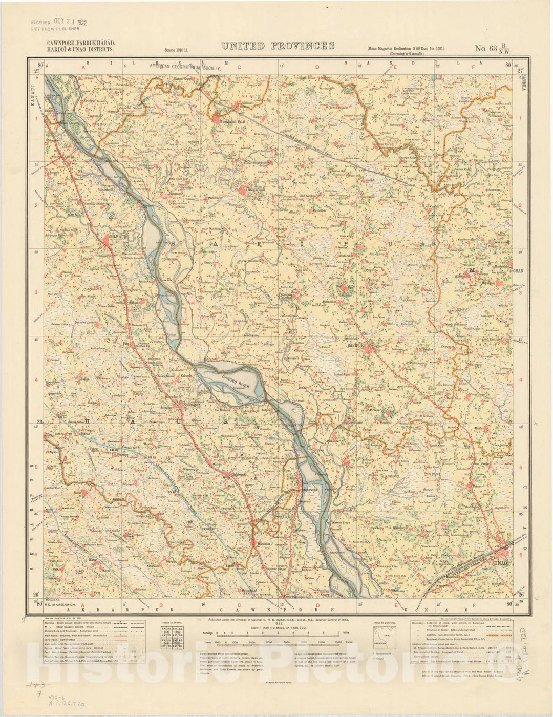 Map : Cawnpore, Farrukhabad, Hardoi & Unao Districts, United Provinces, No. 63 B/N.W. 1922, India and adjacent countries, Antique Vintage Reproduction