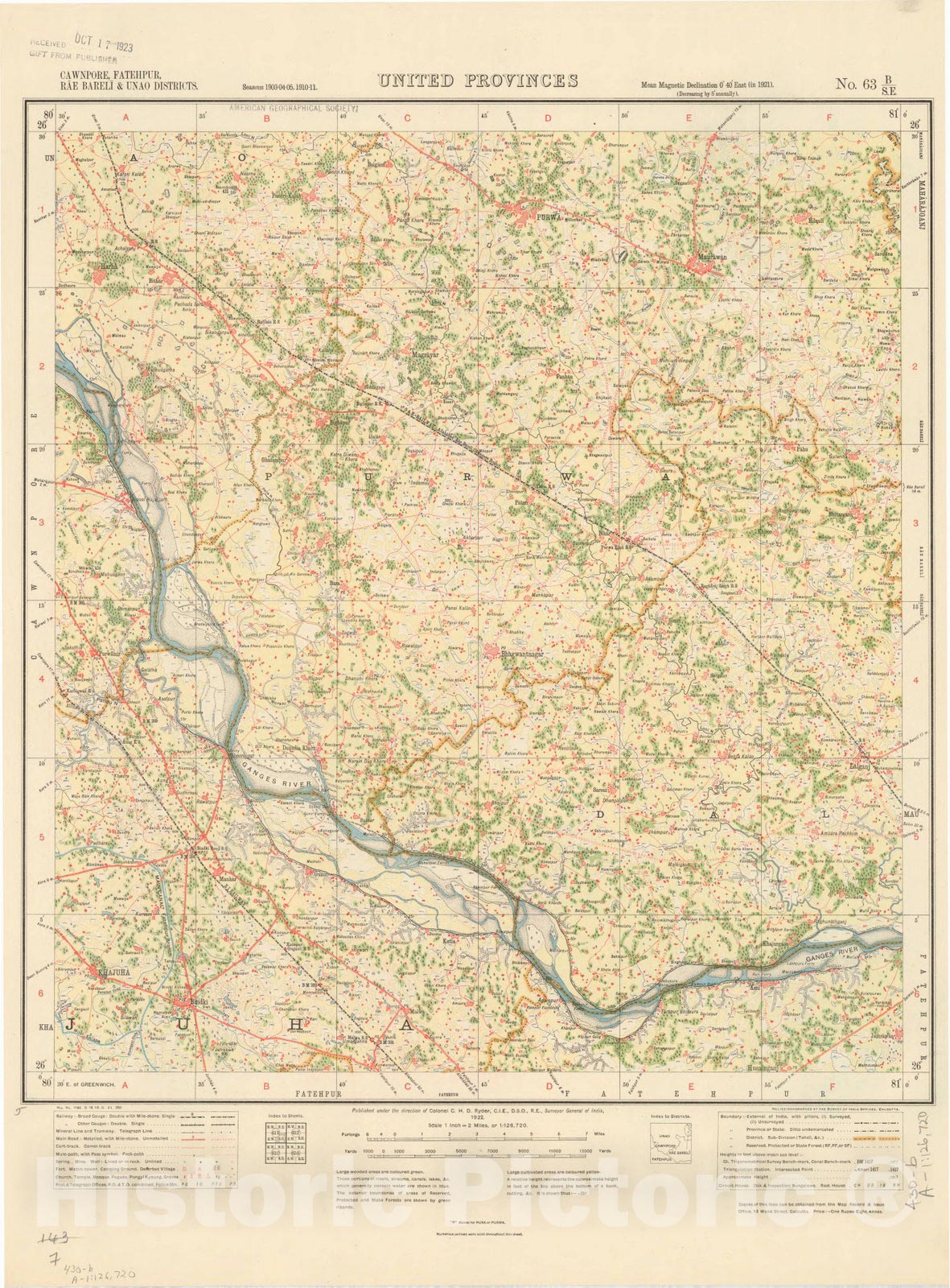 Map : Cawnpore, Fatehpur, Rae Bareli & Unao Districts, United Provinces No. 63 B/S.E. 1922, India and adjacent countries, Antique Vintage Reproduction