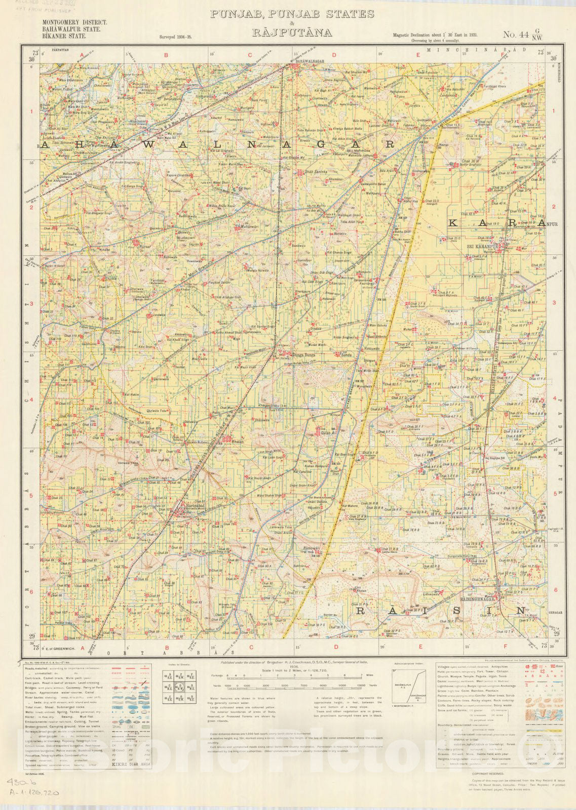 Map : Montgomery District, Bahawalpur State, Bikaner State, Punjab, Punjab States & Rajputana, No. 44 G/N.W. 1936, India 1:126,720, Antique Vintage Reproduction