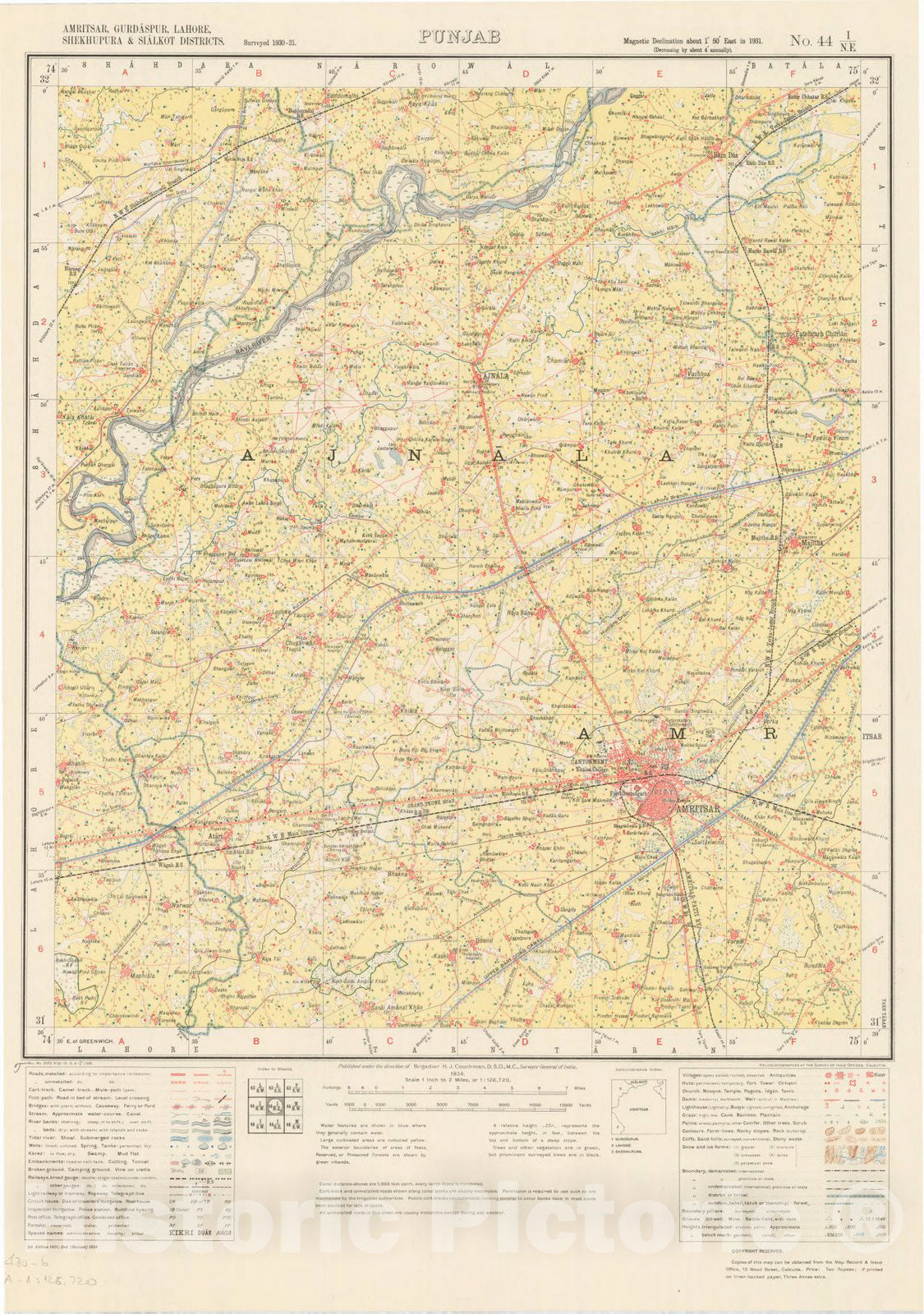 Map : Amritsar, Gurdaspur, Lahore, Shekhupura & Sialkot Districts, Punjab No. 44 I/N.E. 1934, India 1:126,720, Antique Vintage Reproduction