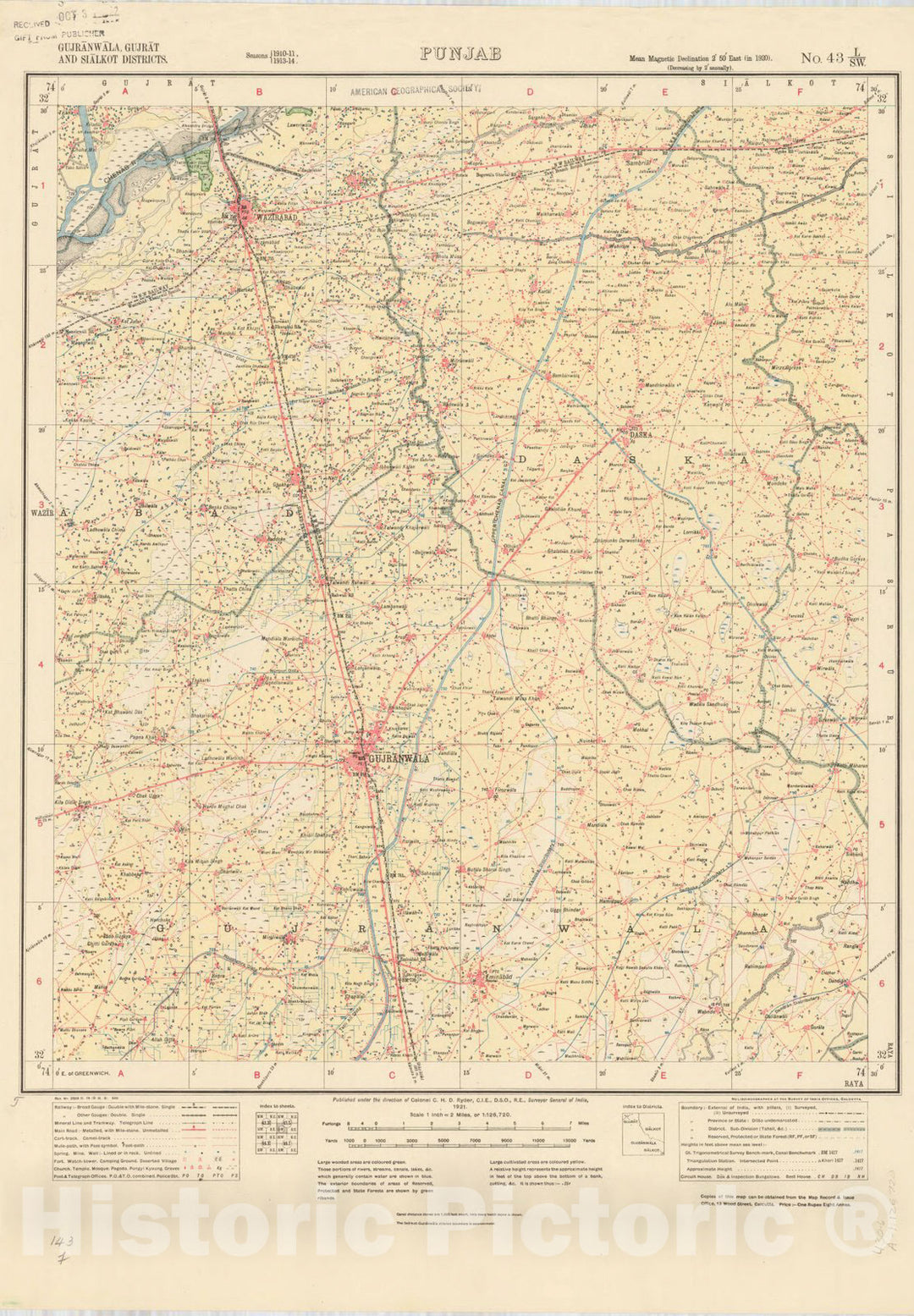 Map : Gujranwala, Gujrat and Sialkot Districts, Punjab, No. 43 L/S.W. 1921, India 1:126,720, Antique Vintage Reproduction